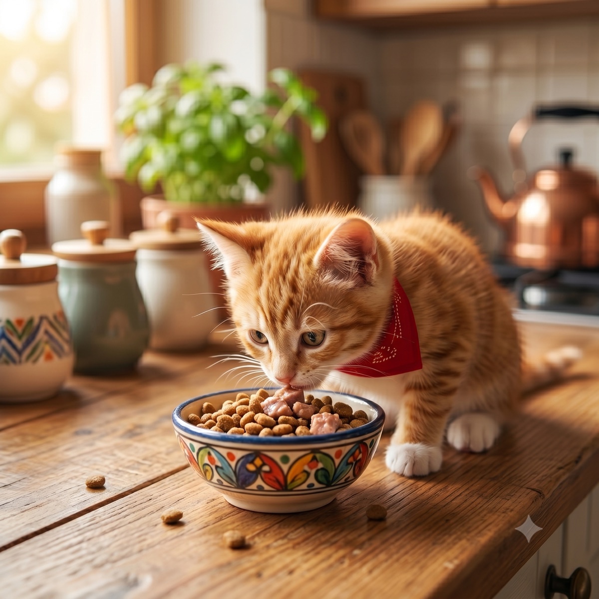 Ginger kitten eating from a hand-painted bowl in a sunny kitchen