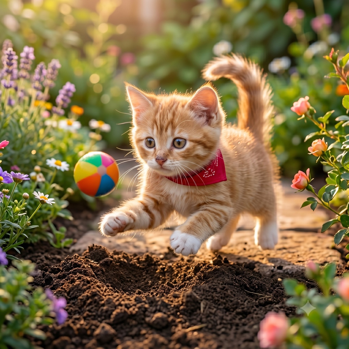 Ginger kitten playing with a ball in a flower garden