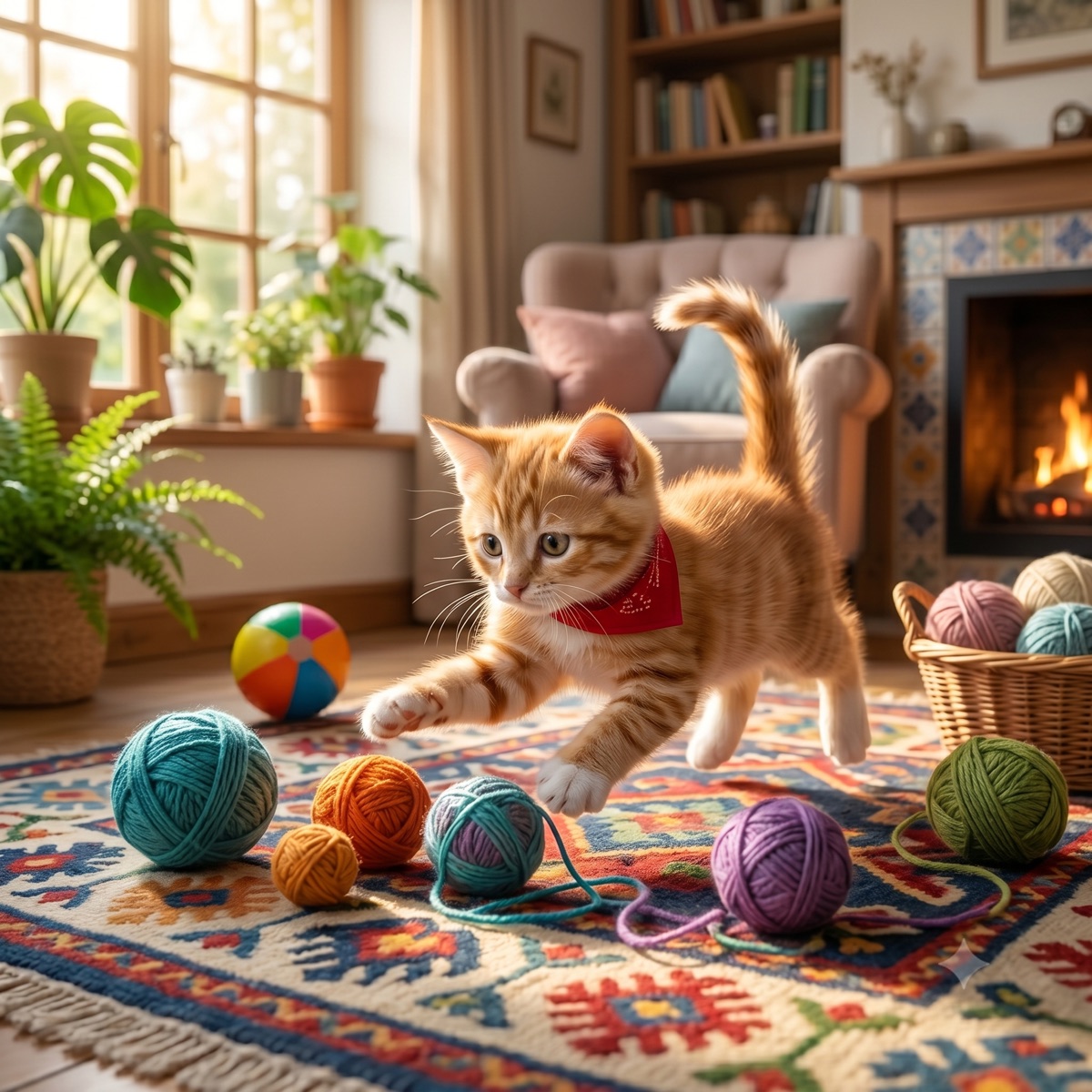 Ginger kitten leaping over yarn balls in a cozy living room