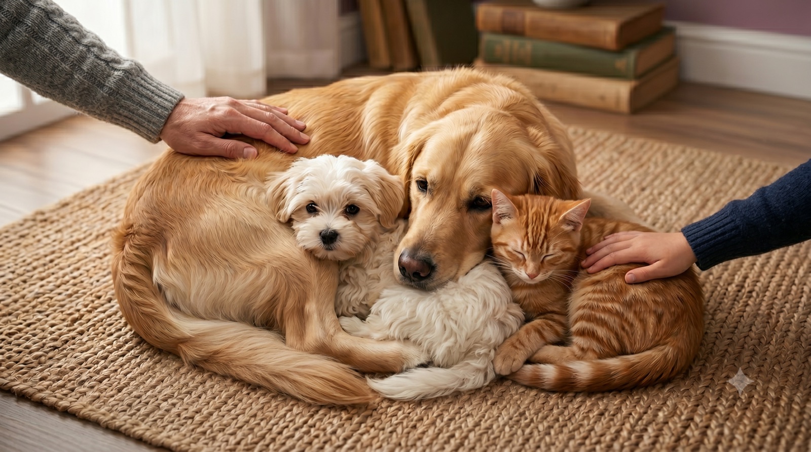Multiple hands gently caring for a golden retriever, small white dog, and ginger cat resting together