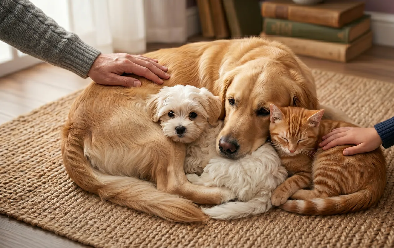 Multiple hands gently caring for a golden retriever, small white dog, and ginger cat resting together